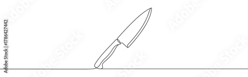 A continuous line drawing of a chef's knife or kitchen knife, depicted standing upright, showcasing a minimalist and clean aesthetic on a white background