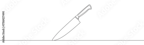 A continuous line drawing of a chef's knife or kitchen knife, depicted standing upright, showcasing a minimalist and clean aesthetic on a white background