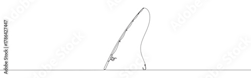 A continuous line drawing of a fishing rod leaning diagonally with its line and hook extending downwards, capturing the essence of angling on a white background