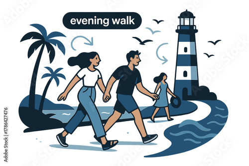 Lighthouse Evening Stroll. Beach Vacation ? Lighthouse Stroll. A tall lighthouse anchors a curved path; gulls sketch soft arcs in the sky. Tag ?evening walk?