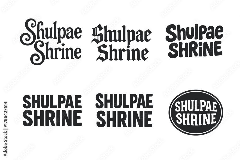 Obraz premium Diverse Lettering Styles. Shulpae Shrine. Set lettering. harmonious lettering variations of the same emblematic concept, each with different artistic