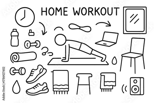 Home Workout Essentials. Home workout. Hand-drawn doodle illustration home workout yoga mat, water bottle, dumbbells, push-up pose, resistance band, chair,