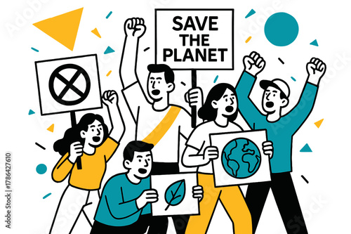 Geometric Environmental Protest. Environmental Protests. Crowd holding banners and signs with floating abstract geometric shapes and green accents, lively and