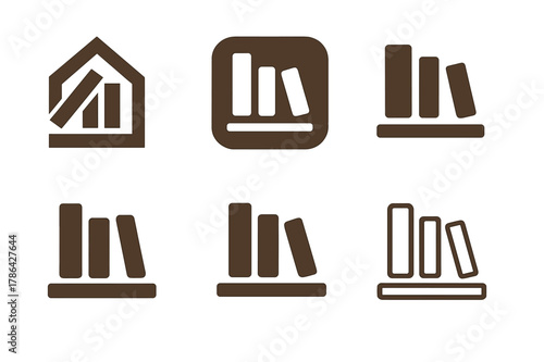 DIY Bookshelf Logos. DIY home decor project. Set Logo of DIY home decor project: bookshelf. harmonious logo variations of the same emblematic concept, each