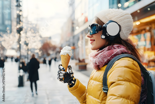 Young woman with prosthesis, prosthetic, bionic hand, arm is eating ice-cream on the street. Disabled person enjoying life, empowerment. Medical, orthopedic technology, innovation, health care.