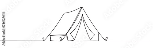 A continuous line drawing of tent with its entrance flap open, symbolizing camping, adventure, and the outdoors on a white background