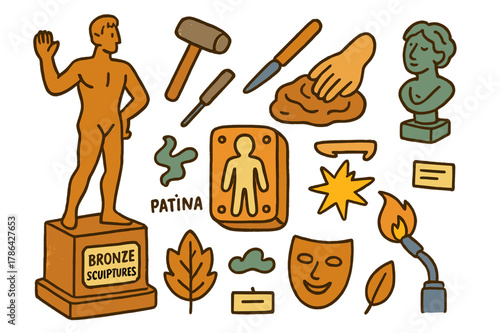 Bronze Sculpture Doodles. Bronze sculptures. Colorful Hand-drawn doodle Children illustration Bronze sculptures statue, artist hammer, chisel, base pedestal,