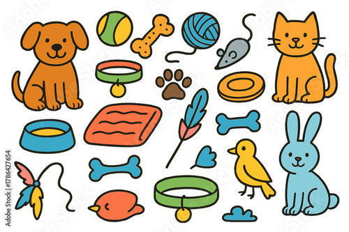 Colorful Animal Toys. animal toys. Colorful Hand-drawn doodle Children illustration animal toys dog, cat, ball, chew toy, yarn, mouse toy, frisbee, bone,