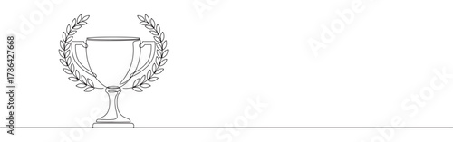 A continuous line drawing of a classic trophy cup encircled by a laurel wreath, representing victory, achievement, and success, on a white background