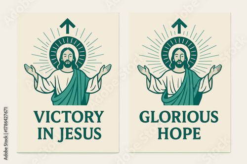Risen Lord Banners. Risen Lord. Two vertical A6 banners with safe margins, centered composition, no elements touching edges, modern, emerald and ivory, upward