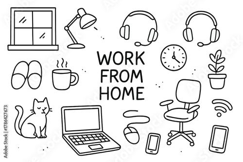 Home Office Doodle. Work from home. Hand-drawn doodle illustration work from home laptop, cat, mug, slippers, window, lamp, headset, chair, notebook, clock,