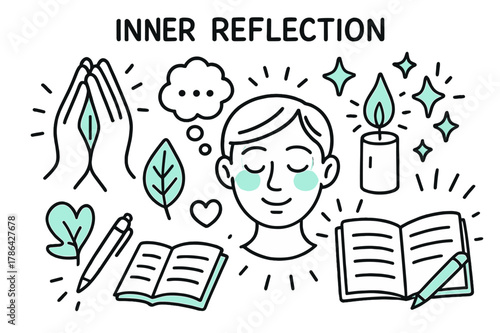 Contemplative Doodle Highlights. // Inner reflection. Hand-drawn doodle illustration Inner reflection [hands clasped (accented), closed eyes (accented), candle