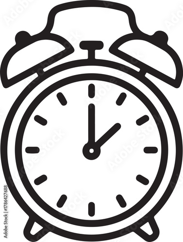 Outline of a Classic Twin- Bell Alarm Clock with Hour and Minute Hands time wake up on transparent background