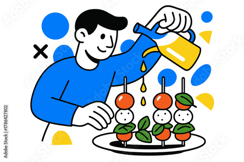 Caprese Artistry. Caprese Skewers. Person drizzling olive oil over caprese skewers with floating abstract geometric shapes and soft highlights, fresh and