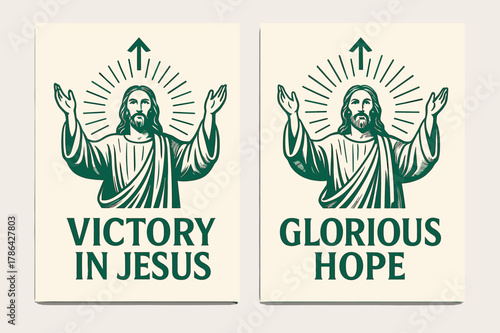 Emerald Victory Banners. Risen Lord. Two vertical A6 banners with safe margins, centered composition, no elements touching edges, modern, emerald and ivory,