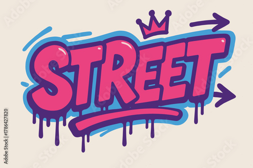 Vibrant Urban Graffiti. Graffiti Simplified style with thick bubble or block letters, tilted layout, dripping outlines, flat spray fills, arrows and crowns,