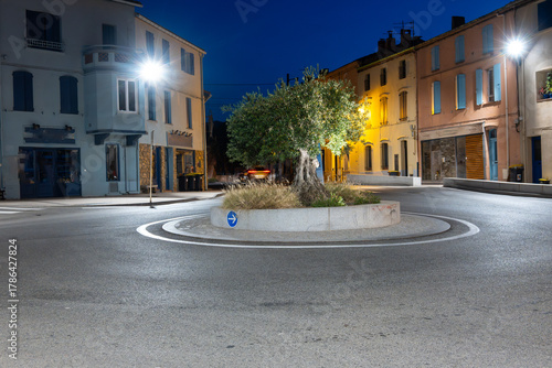 Fototapeta Naklejka Na Ścianę i Meble -  Panoramic view of colourful Collioure at night, narrow streets and yellow, pink, orange houses, historical buidings and beaches, Pyrenees-Orientales, France