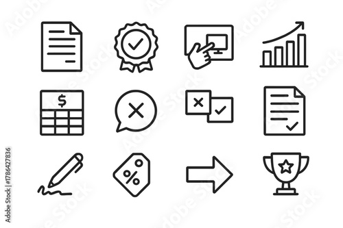 Sales Pitch Icons. Sales Pitch. Line icon set of Sales Pitch: proposal document, value proposition badge, product demo, ROI chart, pricing table, objection