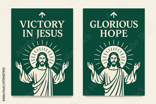 Risen Lord Banners. Risen Lord. Two vertical A6 banners with safe margins, centered composition, no elements touching edges, modern, emerald and ivory, upward