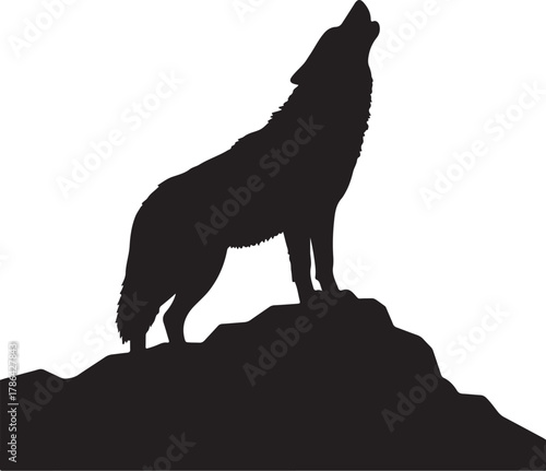 Silhouette of a wolf howling on a rocky outcrop against a white background animal wildlife on transparent background