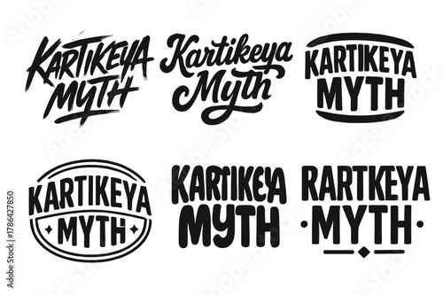 Kartikeya Lettering Variations. Karitkeya Myth. Set lettering. harmonious lettering variations of the same emblematic concept, each with different artistic