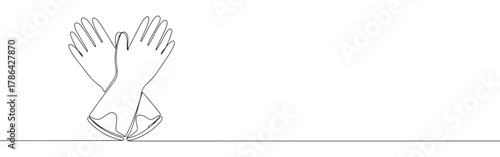 A continuous line art depiction of two protective rubber gloves, crossed, symbolizing safety and hygiene, isolated on a white background