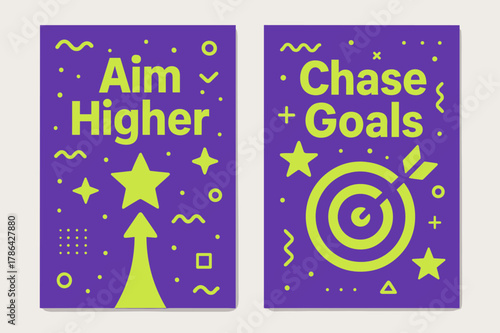 Aim Higher Banners. Ambition. Two vertical A6 banners with safe margins, centered composition, no elements touching edges, memphis, royal purple and lime,