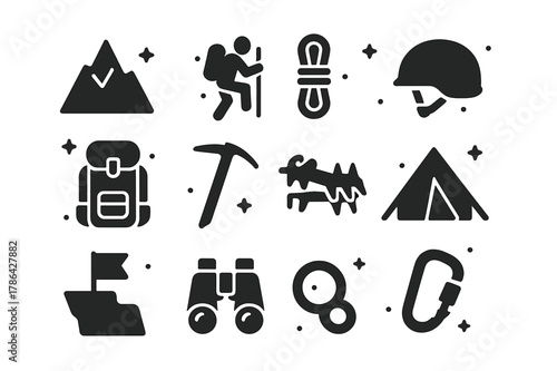 Summit Challenge Icons. Summit Challenge. Solid icons set of Summit Challenge: mountain, climber, rope, helmet, backpack, ice axe, crampons, tent, cliff, flag,