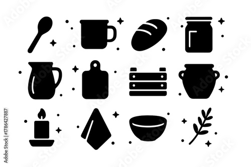 Farmhouse Kitchen Icons. Farmhouse Kitchen Decor. Solid icons set of Farmhouse Kitchen Decor: wooden spoon, enamel mug, bread loaf, jar, milk jug, cutting