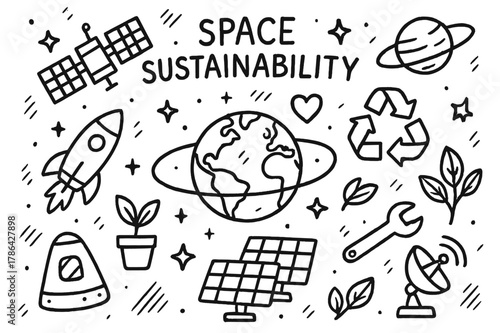 Space Sustainability Icons. Space sustainability. Hand-drawn doodle illustration space sustainability Earth, recycle symbol, satellite, orbit ring, solar