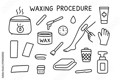 Waxing Essentials Illustration. Waxing procedure. Hand-drawn doodle illustration Waxing procedure wax warmer, stick applicator, wax jar, strip, towel, leg