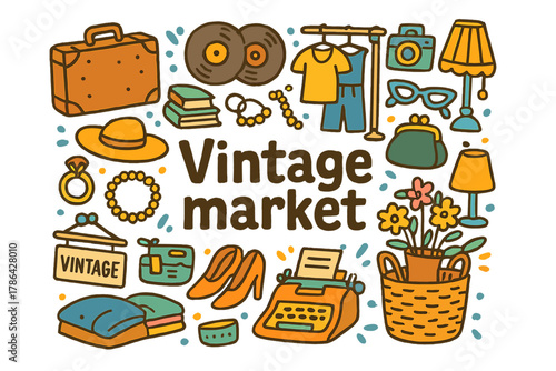 Vintage Market Doodles. Vintage market. Hand-drawn doodle illustration of Vintage market. Old suitcase,