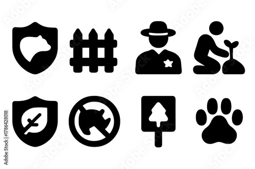 Conservation Icons Set. Conservation efforts. Filled icon set of conservation efforts: protected animal, fence