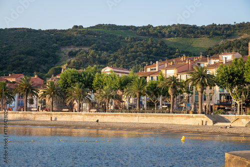 Fototapeta Naklejka Na Ścianę i Meble -  Morning view of colourful Collioure, narrow streets and yellow, pink, orange houses, summer vacation destination town with historical buidings and beaches, Pyrenees-Orientales, France