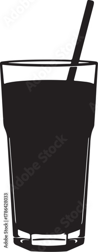 Silhouette of a tall glass filled with dark liquid and a straw drink beverage on transparent background
