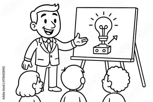 Entrepreneur's Fun Demo. Product demo children?s coloring book illustration, outlined drawing, cartoon