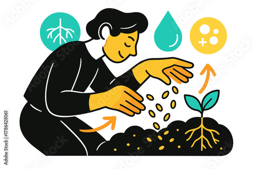 Vibrant Soil Regeneration. Soil regeneration techniques. Glowing hands planting seeds into rich soil with