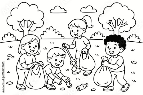 Park Cleanup Kids. Conservation children?s coloring book illustration, outlined drawing, a group of kids cleaning up a park, educational design for kids, clear