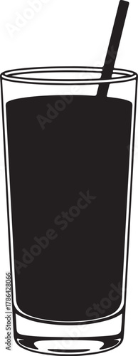 Silhouette of a tall glass filled with dark liquid and a straw drink beverage on transparent background