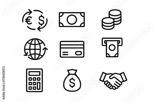 Currency Exchange Icons. Currency exchange. Line outline icon set of currency exchange: currency symbols,