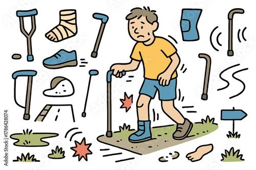 Limping Cartoon Walk. Limping motion. Hand-drawn doodle illustration person walking (colored), uneven stride (colored), crutch (colored), cane (colored),
