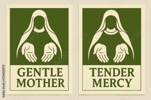 Gentle Mother, Tender Mercy. Motherly Care. Two vertical A6 banners with safe margins, centered composition, no elements touching edges, bold, olive green and