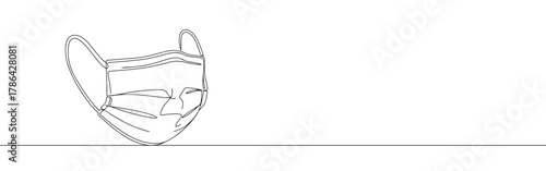 A continuous line art depiction of a medical face mask with ear loops, essential for health protection, isolated on a white background