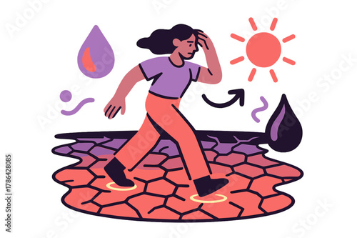 Desertification Illustrated. Water scarcity. Glowing dry riverbeds and cracked soil, abstract floating water