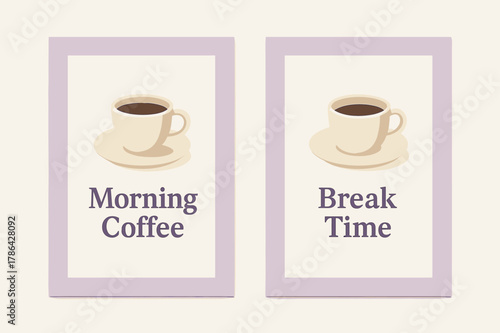 Minimalist Coffee Banners. Staff. Two vertical A6 banners with safe margins, centered composition, no elements touching edges, minimalist, lavender and cream,