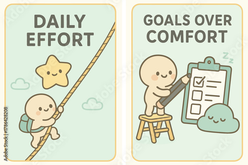 Kawaii Goal Banners. Daily effort. Two vertical A6 banners with safe margins, centered composition, no elements touching edges, kawaii, pastel mint and yellow,
