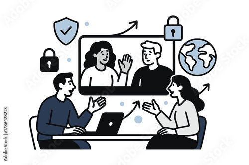 Global Data Compliance. Online privacy laws and their global implications. Team video conferencing on international data policies with abstract floating locks,