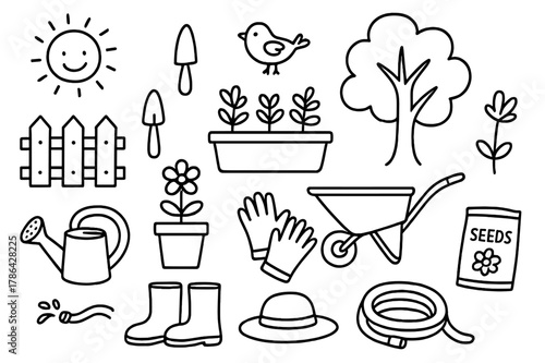 Backyard Gardening Doodles. Backyard gardening. Hand-drawn doodle illustration backyard gardening fence, potted plants, watering can, spade, wheelbarrow,