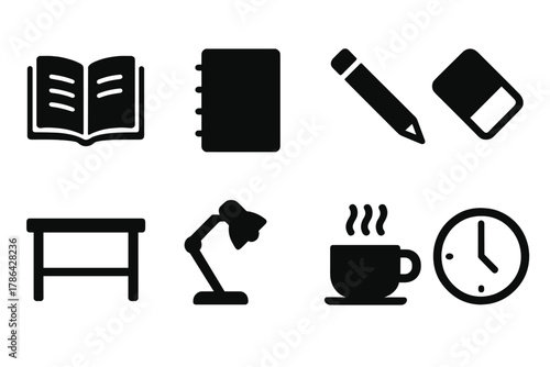 Homework Icons Set. Homework essentials. Filled icon set of homework essentials: open book, notebook, pencil,