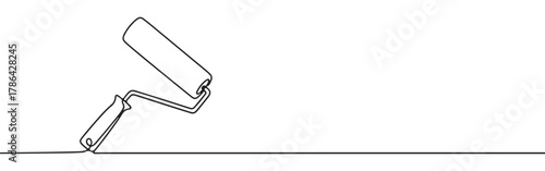 A continuous line art depiction of a paint roller with a handle, commonly used for home improvement and decorating tasks, isolated on a white background